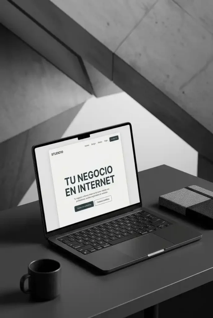 Diseño web minimalista de STUDIO 10 en una laptop sobre escritorio negro, agencia de marketing digital.